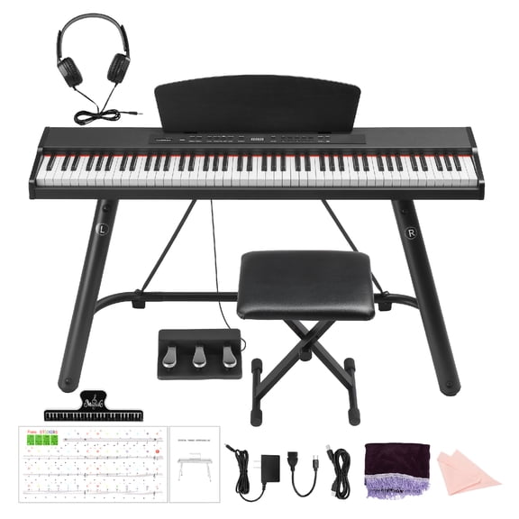 Ktaxon 88-Key Digital Piano Keyboard with U-Style Stand & Bench, 128 Tones, MIDI Function, Dual Headphone Jacks, MP3 Playback, Black