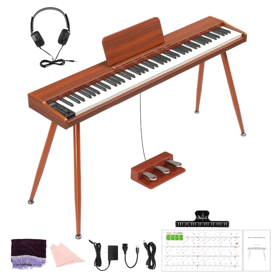 Ktaxon 88-Key Digital Piano with Semi-Weighted Keys, Bluetooth MIDI, Triple Pedal, Dual 15W Speakers, Headphones & Accessories, Brown
