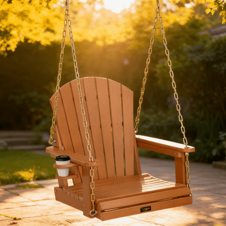 Ktaxon 880lb HDPE Single Porch Swing, 1-Person Patio Chair with Cup Holder & Adjustable Chains, Teak