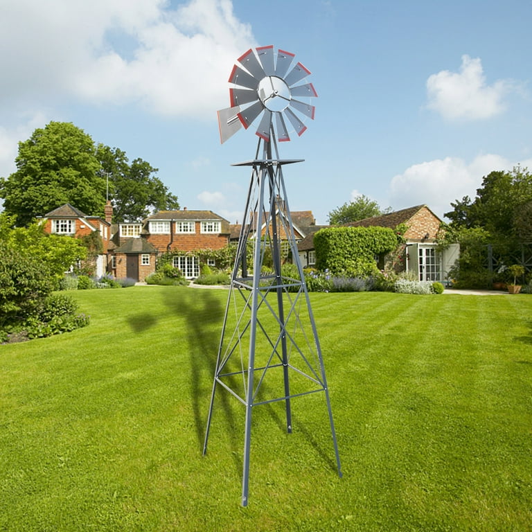 8FT Weather Resistant Yard Garden Windmill Gray & Red 8FT Weather Resistant Yard Garden Windmill Gray & Red