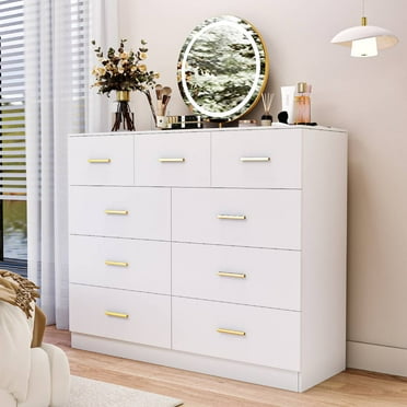 Ktaxon 9 Drawer Double Dresser Wood Dresser Storage Cabinet Drawer Organizer Chest Of Drawers, White