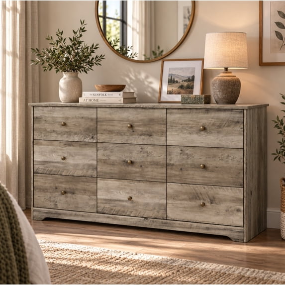 Ktaxon 9 Drawer Dresser Wood Dresser Storage Cabinet Drawer Organizer Chest of Drawers, Gray
