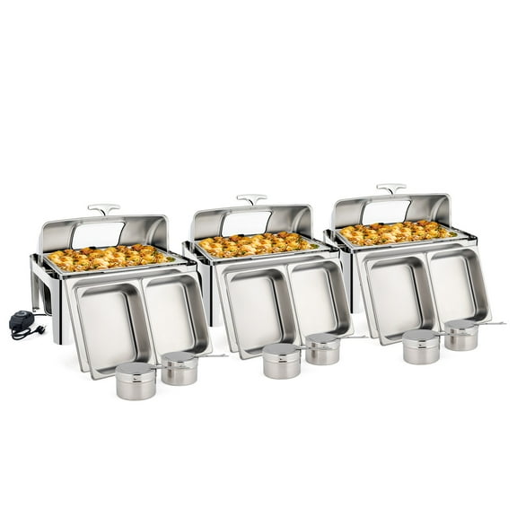 Ktaxon 9 QT 3 Packs Stainless Steel Chafing Dish Buffet Set with Electric & Fuel Heating,Roll Top Catering Chafer Server with Full Size & 2 Detachable Food Pans