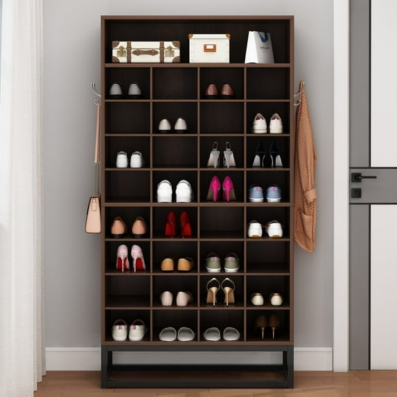 Ktaxon 9 Tier 32 Pairs Large Shoe Storage Cabinet with Hooks & Top Compartment, Sneaker Organizers Rack for Entryway, Toy Shelves Space Saver, Wood Brown
