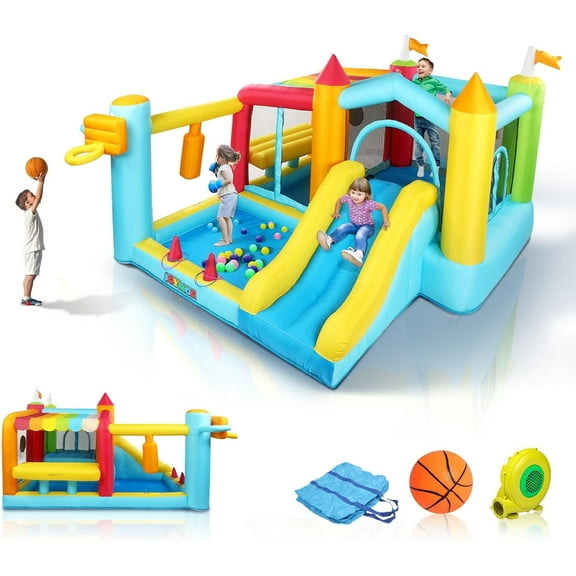 Ktaxon 9-in-1 Inflatable Bounce House for Kids 3-6 with Blower, Kids Bounce House, Height-Adjustable Basketball Hoop, Kiosk Theme