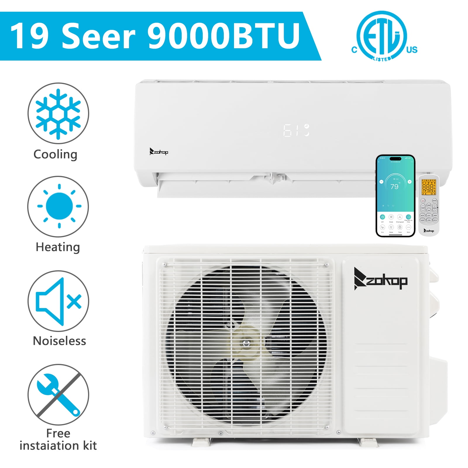 Ktaxon 9000BTU 19Seer Mini Split Air Conditioner Ductless Inverter System  115V With Heat Pump, WIFI Smart Control - Walmart.com