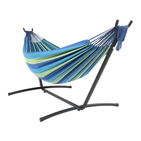 Ktaxon 9ft Yard Hammock Set, Patio Frame with Blue & Green Striped Cotton Hammock