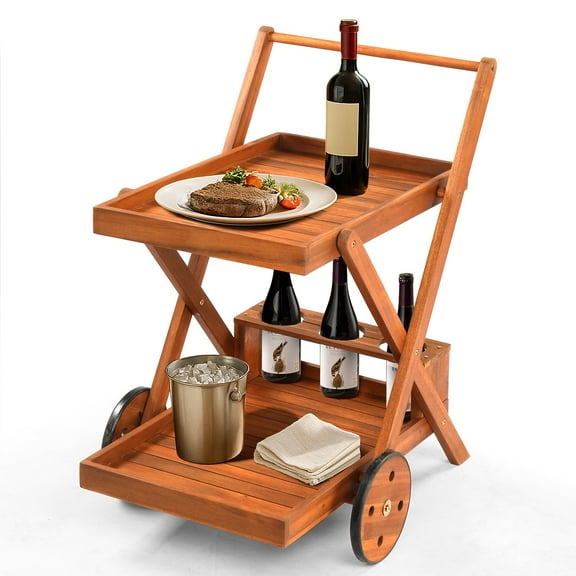 UBesGoo Acacia Wood Mobile Bar Cart 2-Shelf Design with Wine Rack & Locking Wheels, Ideal for Kitchen, Patio, or Garden, Rustic Brown
