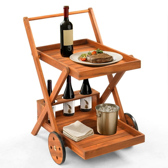 Zimtown Acacia Wood Mobile Bar Cart  2-Shelf Design w/ Wine Rack & Locking Wheels, Rustic Serving Cart for Patio, Kitchen, Garden
