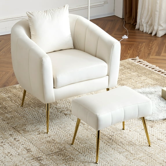 Ktaxon Accent Arm Chair with Ottoman Stool, Velvet Upholstered Club Chair with Lumber Pillow and Footrest Pumpkin Shape Sofa White
