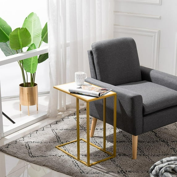 Ktaxon Accent C Table, Modern Sofa Side End Table for Living Room, White Marble Tabletop, Gold