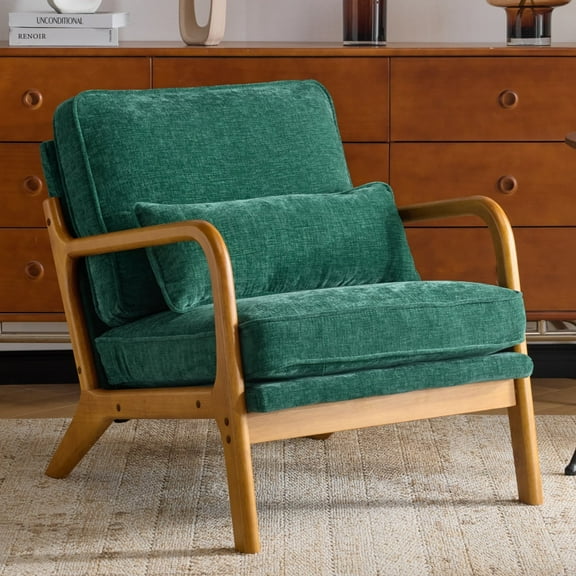 Ktaxon Accent Chair Chenille Upholstered Armchair, Reading Club Chair with Pillow and Solid Wood Frame for Living Room Bedroom Furniture Dark Green