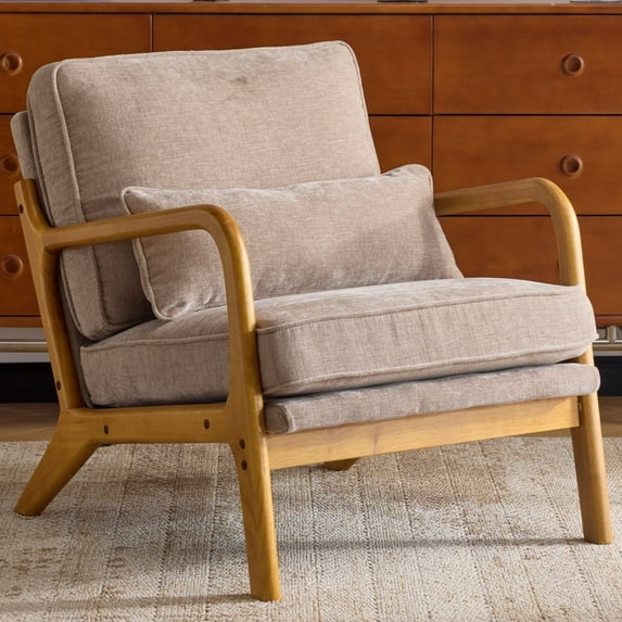 Ktaxon Accent Chair Chenille Upholstered Armchair, Reading Club Chair with Pillow and Solid Wood Frame for Living Room Bedroom Furniture Light Khaki