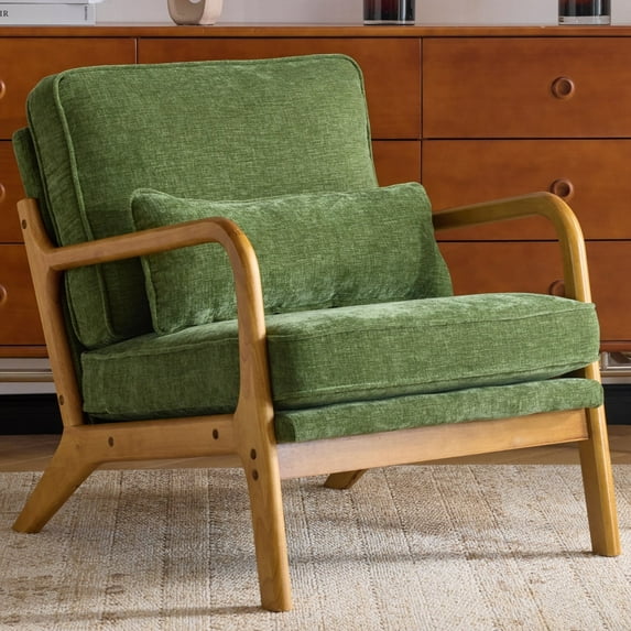 Ktaxon Accent Chair Chenille Upholstered Armchair, Reading Club Chair with Pillow and Solid Wood Frame for Living Room Bedroom Furniture Olive Green