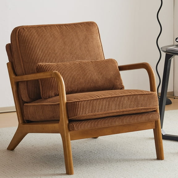 Ktaxon Accent Chair Corduroy Upholstered Armchair, Reading Club Chair with Pillow and Solid Wood Frame for Living Room Bedroom Furniture Brown