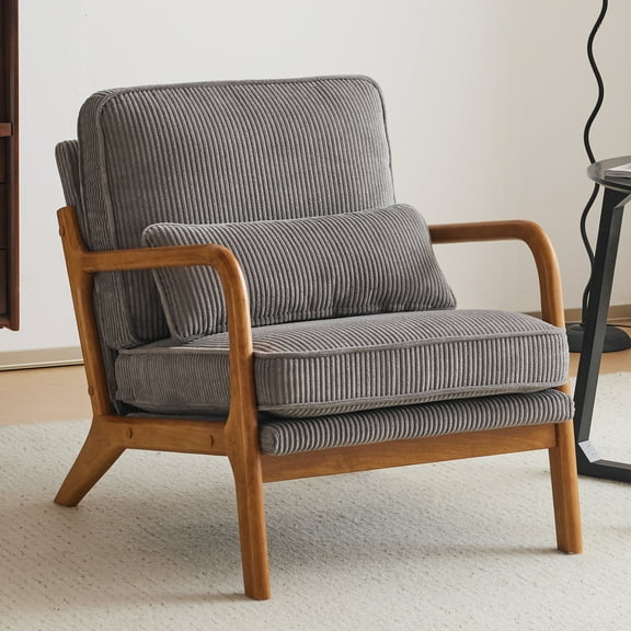 Ktaxon Accent Chair Corduroy Upholstered Armchair, Reading Club Chair with Pillow and Solid Wood Frame for Living Room Bedroom Furniture Light Gray
