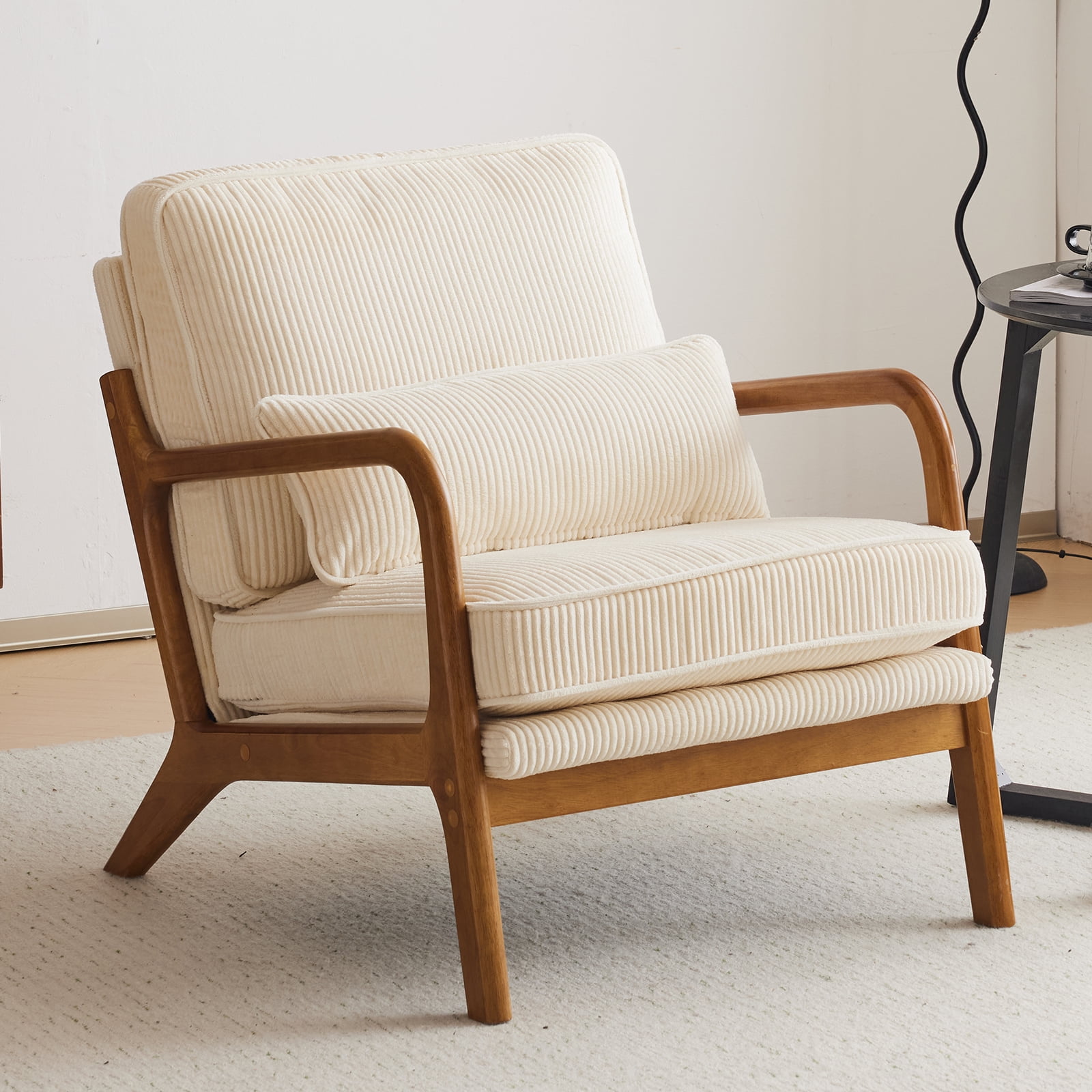Walmart Deal of Ktaxon Accent Chair Corduroy Upholstered Armchair, Reading Club Chair with Pillow and Solid Wood Frame for Living Room Bedroom Furniture Off White