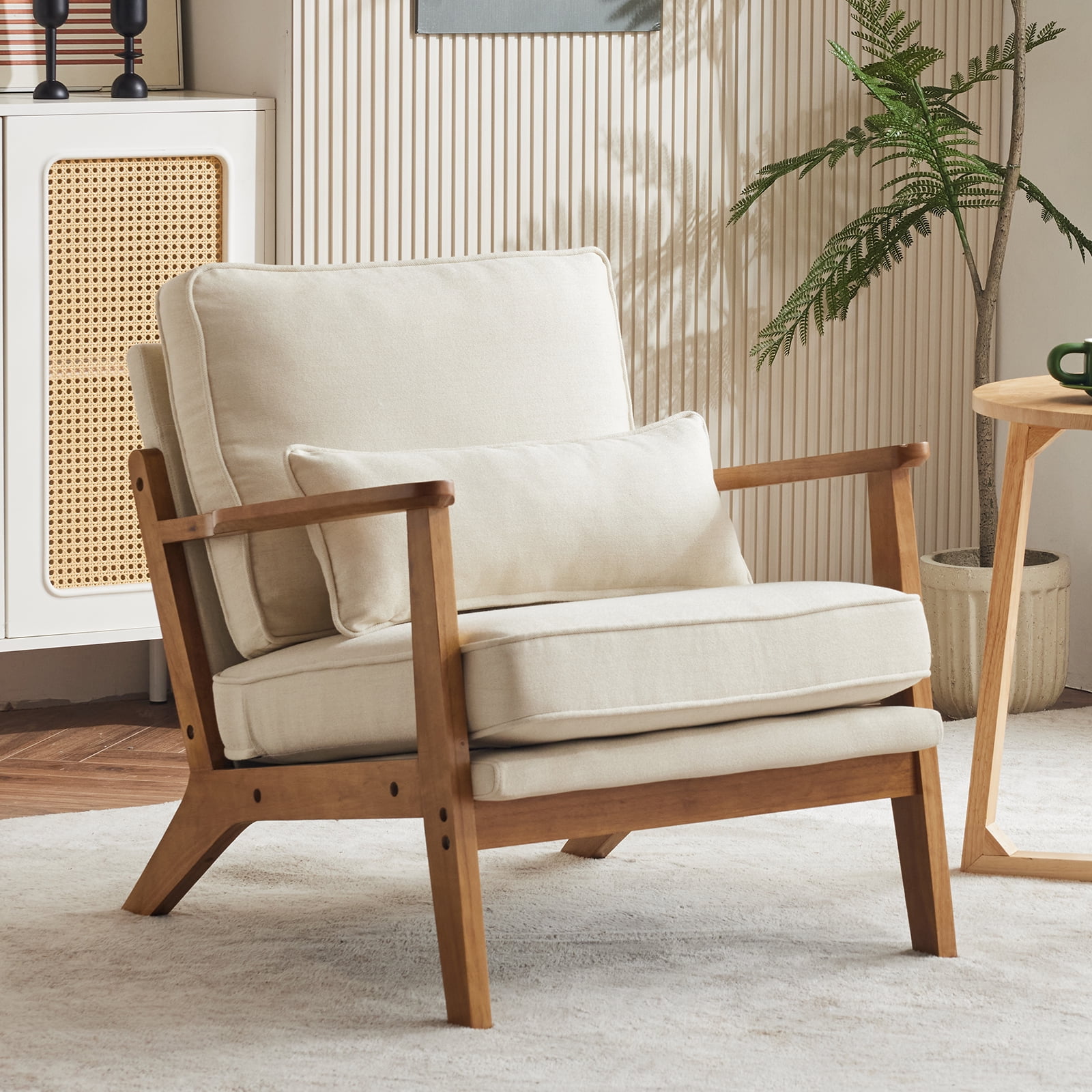 Walmart Coupons of Ktaxon Accent Chair Line Fabric Upholstered Armchair, Reading Club Chair with Pillow for Living Room Bedroom Furniture Beige
