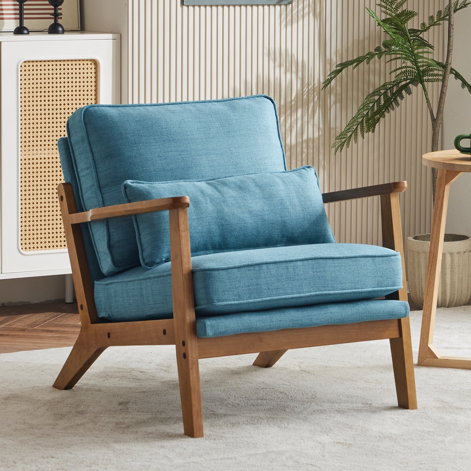 Ktaxon Accent Chair Line Fabric Upholstered Armchair, Reading Club Chair with Pillow for Living Room Bedroom Furniture Blue