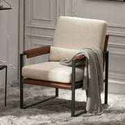 Ktaxon Accent Chair Lounge Armchair Modern Linen Fabric Upholstered Single Sofa with Black Coated Metal Frame Creamy White and Brown
