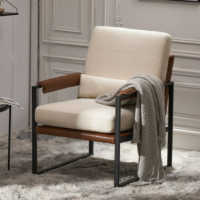 Ktaxon Accent Chair, Creamy White and Brown Linen Fabric, Modern