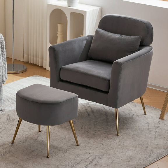 Ktaxon Accent Chair with Ottoman Set, Flannel Upholstered Single Sofa with Lumber Pillow Armchair with Armrests and Footrest for Bedroom Living Reading Room Office Dark Gray