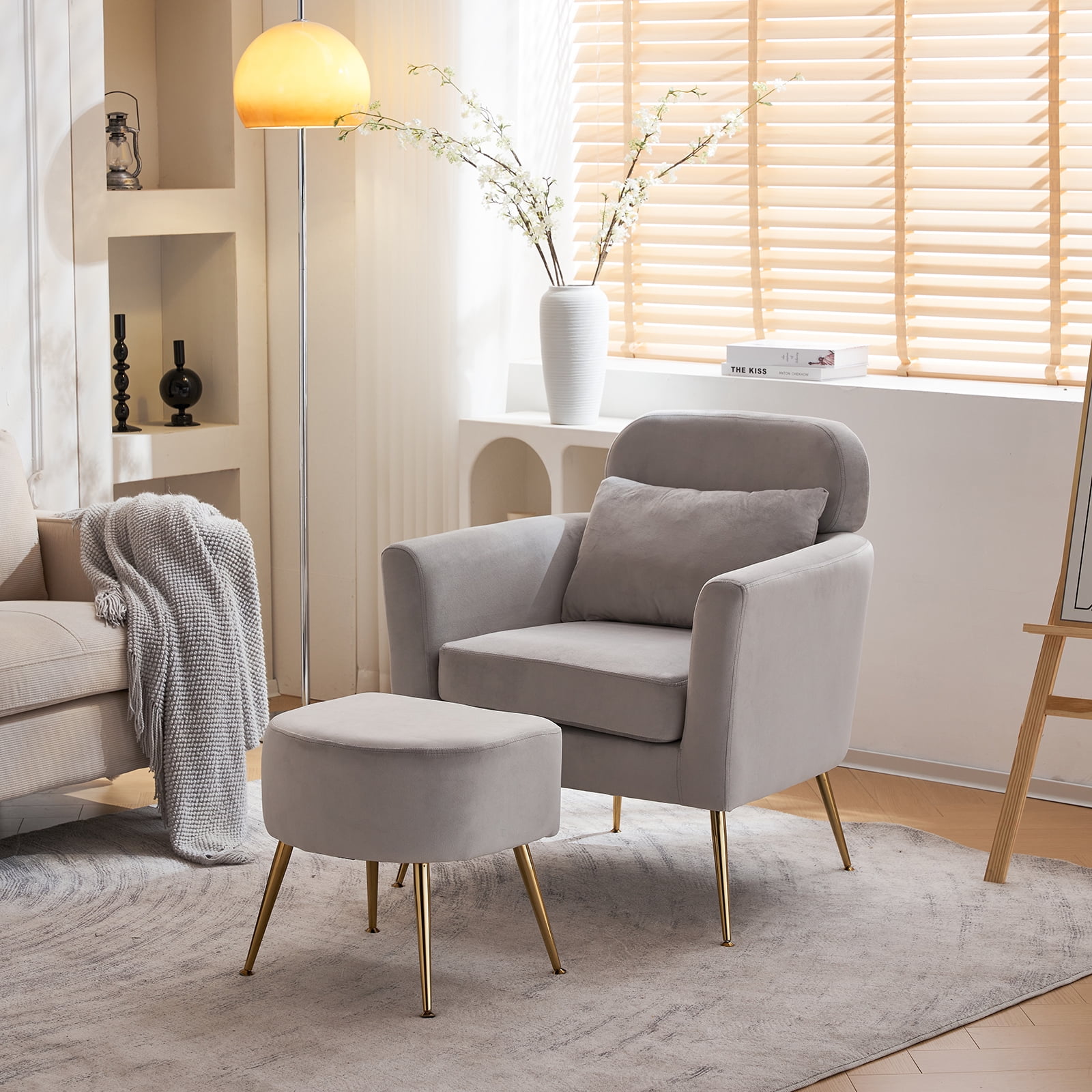 Ktaxon Accent Chair with Ottoman Set, Flannel Upholstered Single Sofa with Lumber Pillow Armchair with Armrests and Footrest for Bedroom Living Reading Room Office Light Gray