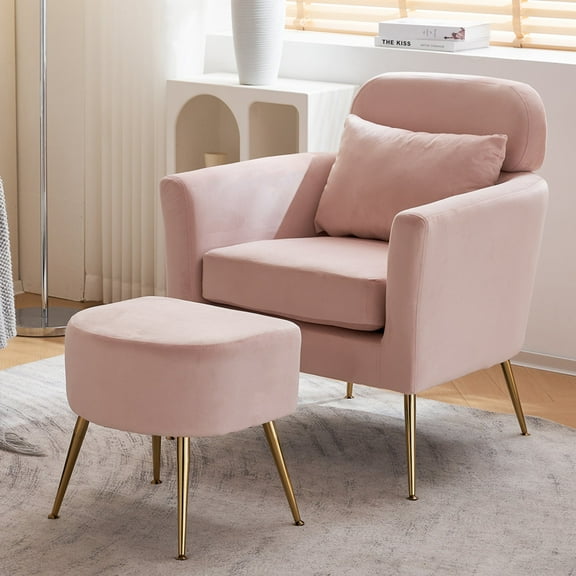 Ktaxon Accent Chair with Ottoman Set, Flannel Upholstered Single Sofa with Lumber Pillow Armchair with Armrests and Footrest for Bedroom Living Reading Room Office Pink
