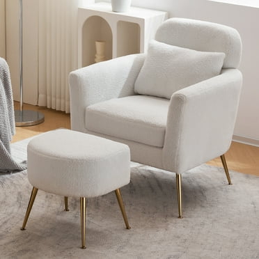 Ktaxon Accent Chair with Ottoman Set, Teddy Fabric Upholstered Single Sofa with Lumber Pillow Armchair with Armrests and Footrest for Bedroom Living Reading Room Office Teddy White