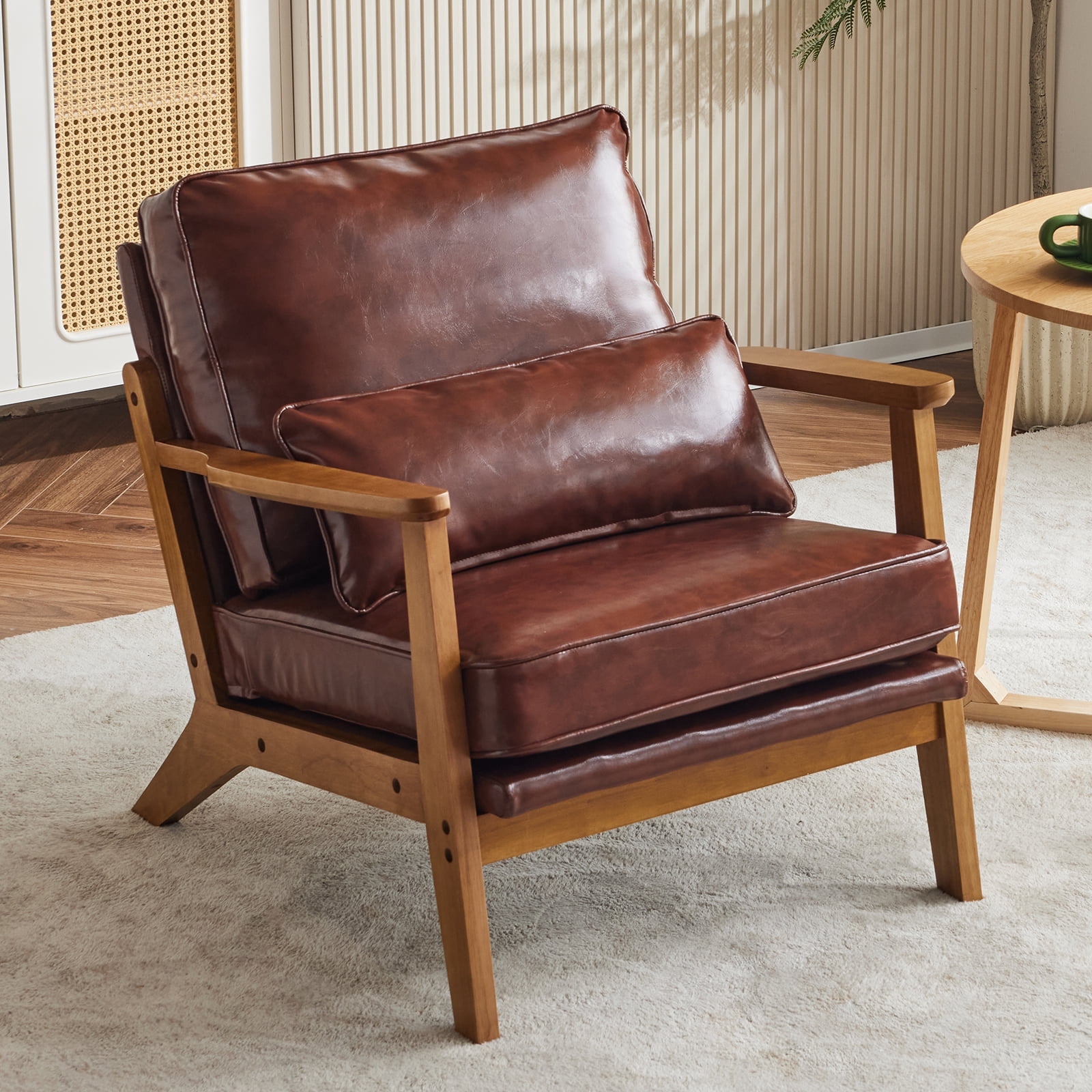 Ktaxon Accent Chair PU Upholstered Armchair, Reading Club Chair with Pillow for Living Room Bedroom Furniture Brown