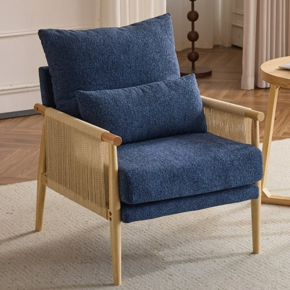 Ktaxon Accent Chair, Solid Wood and Jute Rope Armrests Armchair, Single sofa with Lumbar Pillow for Living Room Bedroom Office Dark Blue