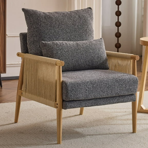 Ktaxon Accent Chair, Solid Wood and Jute Rope Armrests Armchair, Single sofa with Lumbar Pillow for Living Room Bedroom Office Dark Gray