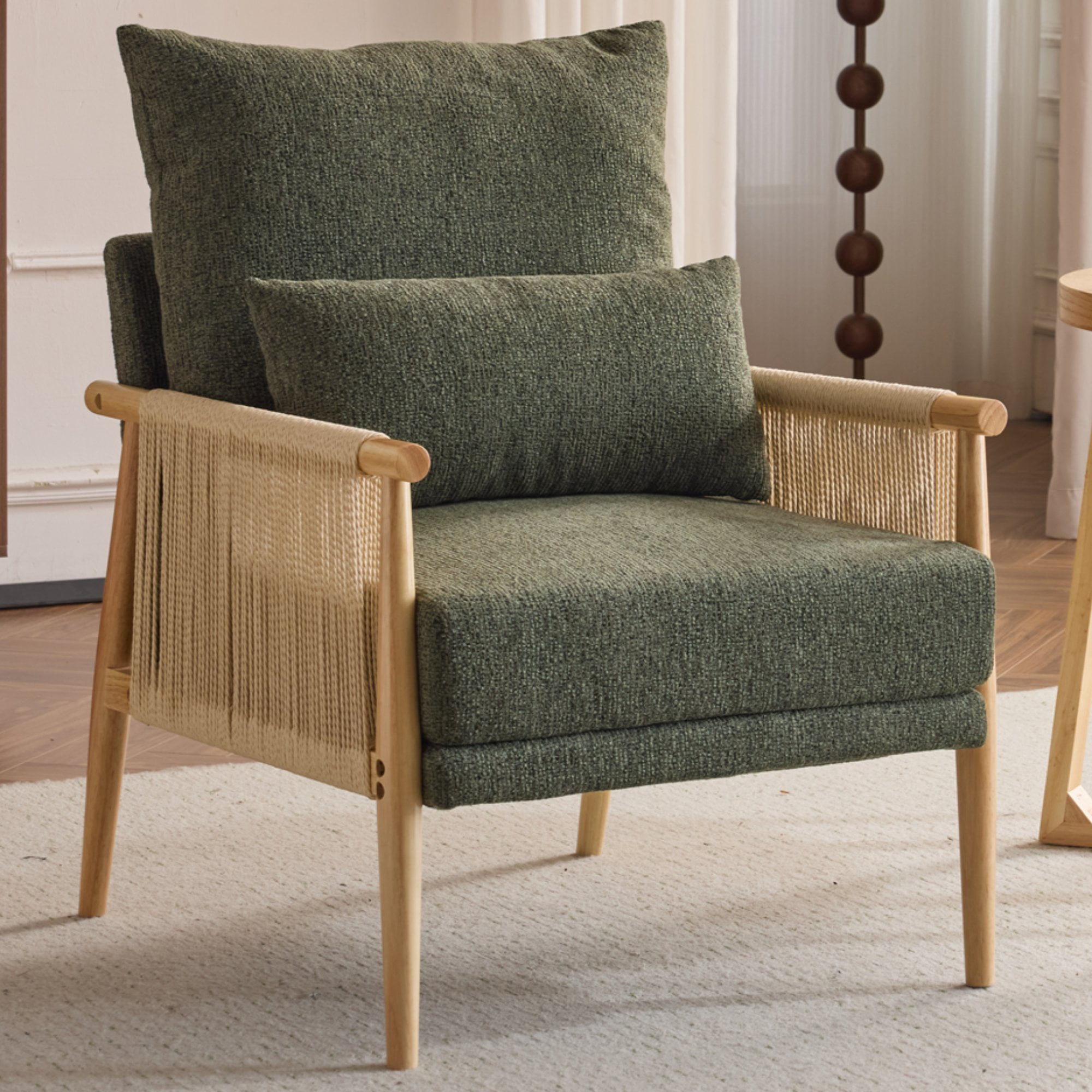 Ktaxon Accent Chair, Solid Wood and Jute Rope Armrests Armchair, Single sofa with Lumbar Pillow for Living Room Bedroom Office Dark Green