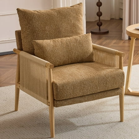 Ktaxon Accent Chair, Solid Wood and Jute Rope Armrests Armchair, Single sofa with Lumbar Pillow for Living Room Bedroom Office Khaki