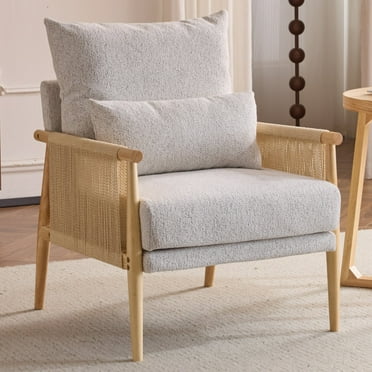 Ktaxon Accent Chair, Solid Wood and Jute Rope Armrests Armchair, Single sofa with Lumbar Pillow for Living Room Bedroom Office Light Gray