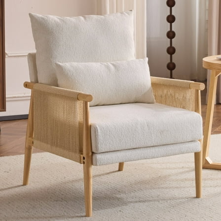 Ktaxon Accent Chair, Solid Wood and Jute Rope Armrests Armchair, Single sofa with Lumbar Pillow for Living Room Bedroom Office Off White