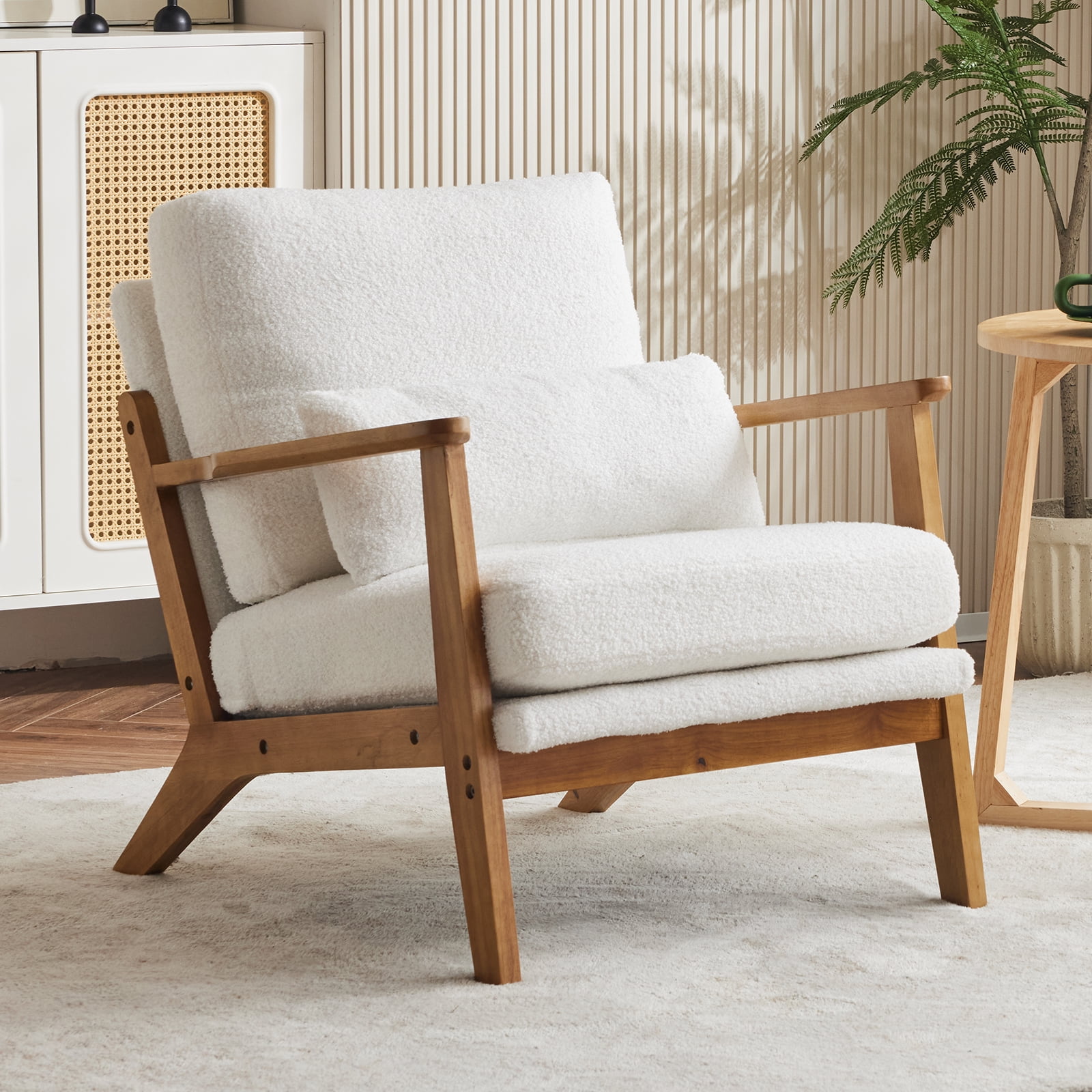 Ktaxon Accent Chair Teddy Velvet Upholstered Armchair, Reading Club Chair with Pillow for Living Room Bedroom Furniture White