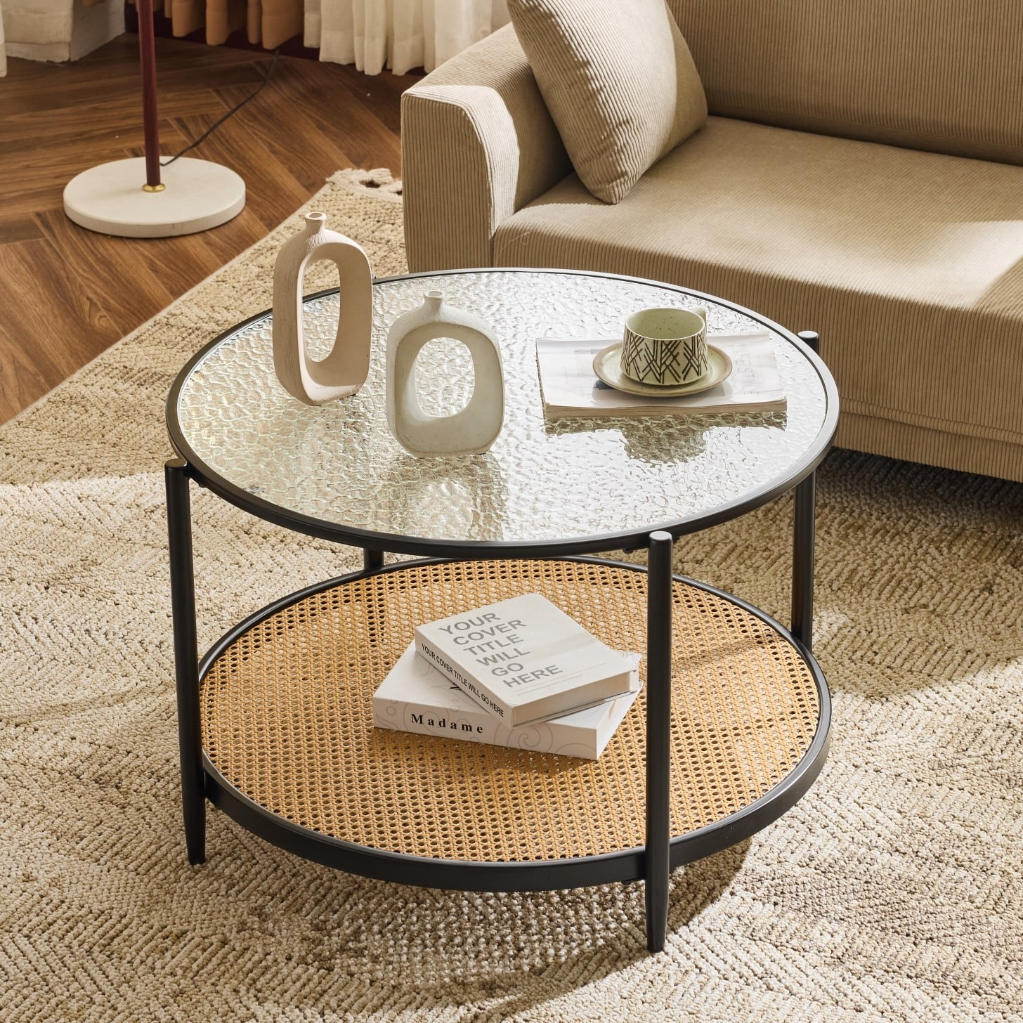 Ktaxon Accent Coffee Table, Round Glass Modern Center Table with Rattan Tier, 30.7" Rustic TV Cabinet for Living Room, Black