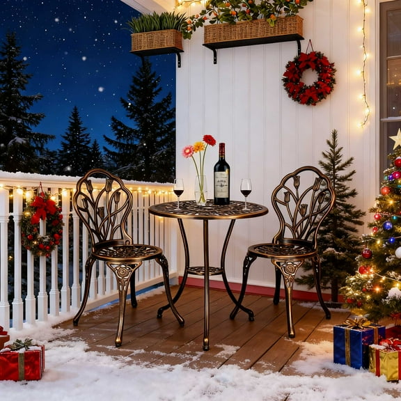 Ktaxon Antique Cast Aluminum 3-Piece Outdoor Bistro Set Patio Conversation Set, Cast Aluminum Patio Conversation Set for Outdoor, Bronze