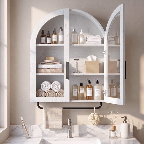 Ktaxon Arched Bathroom Medicine Cabinet, Wall Mounted Storage with Glass Doors, Towel Bar & Adjustable Shelf, for Bathroom, Entryway and Kitchen, Washed White