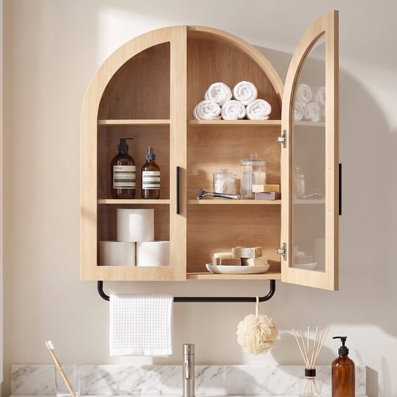 Ktaxon Arched Bathroom Medicine Cabinet, Wall Mounted Storage with Glass Doors, Towel Bar & Adjustable Shelf, for Bathroom, Entryway and Kitchen, Oak
