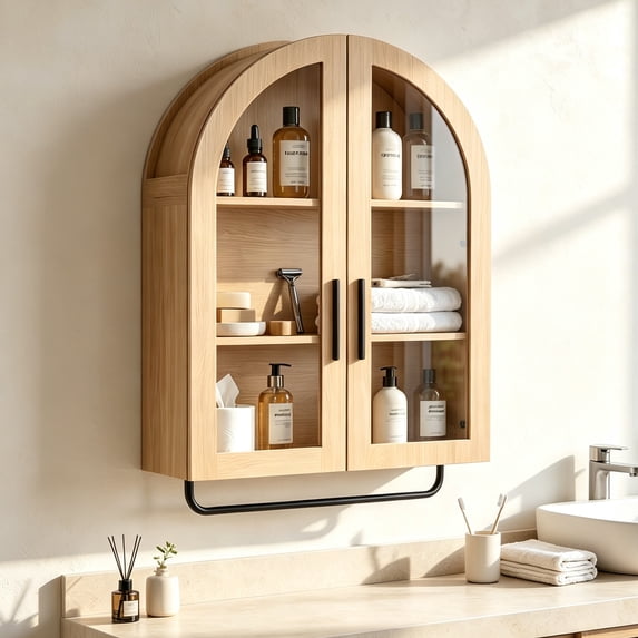 Ktaxon Arched Bathroom Medicine Cabinet, Wall Mounted Storage Cabinet with Double Glass Doors, Towel Bar & Adjustable Shelf, for Bathroom, Entryway and Kitchen, Oak