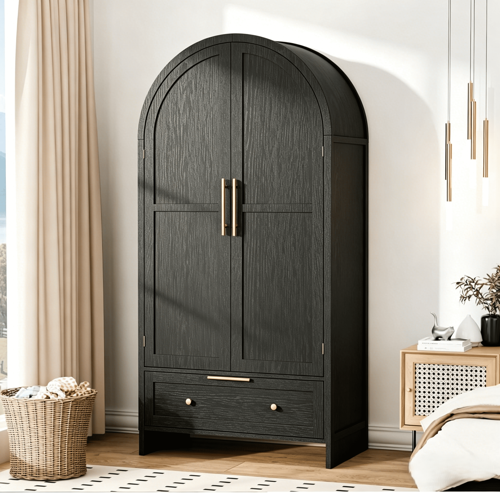 black armoire dresser 9 Drawer Chest of Drawers for Bedroom Hallway, Storage Cabinet Wardrobe Closet Features rustic sliding barn doors that add charm and save space compared to traditional swinging doors Bedroom Tall Armoire Wardrobe Closet,