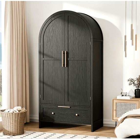 Ktaxon Arched Wardrobe Closet Armoire with Hanging Rod, Modern Drawer & Shelf – Elegant Black Finish Closet with Wood Handles, Farmhouse to Mid-Century Style