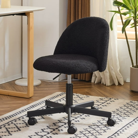 Ktaxon Armless Home Office Desk Chair Cute Mid Back Vanity Stool Teddy Velvet Swivel Task Chairs with Wheels Black