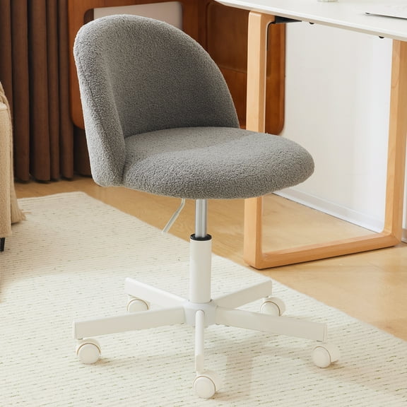 Ktaxon Armless Home Office Desk Chair Cute Mid Back Vanity Stool Teddy Velvet Swivel Task Chairs with Wheels Gray