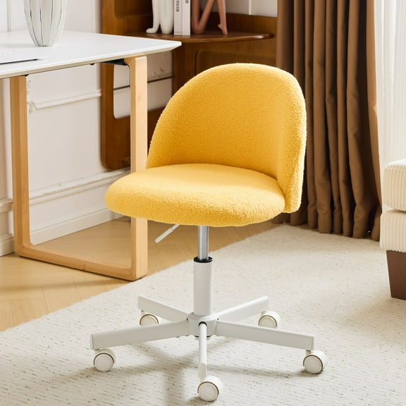 Ktaxon Armless Home Office Desk Chair Cute Mid Back Vanity Stool Teddy Velvet Swivel Task Chairs with Wheels Yolk Yellow