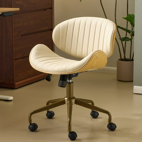 Ktaxon Armless Office Chair, Curved Wood Accent Desk Chair with Swivel Seat, PU Task Chair for Study, Makeup Vanity Beige