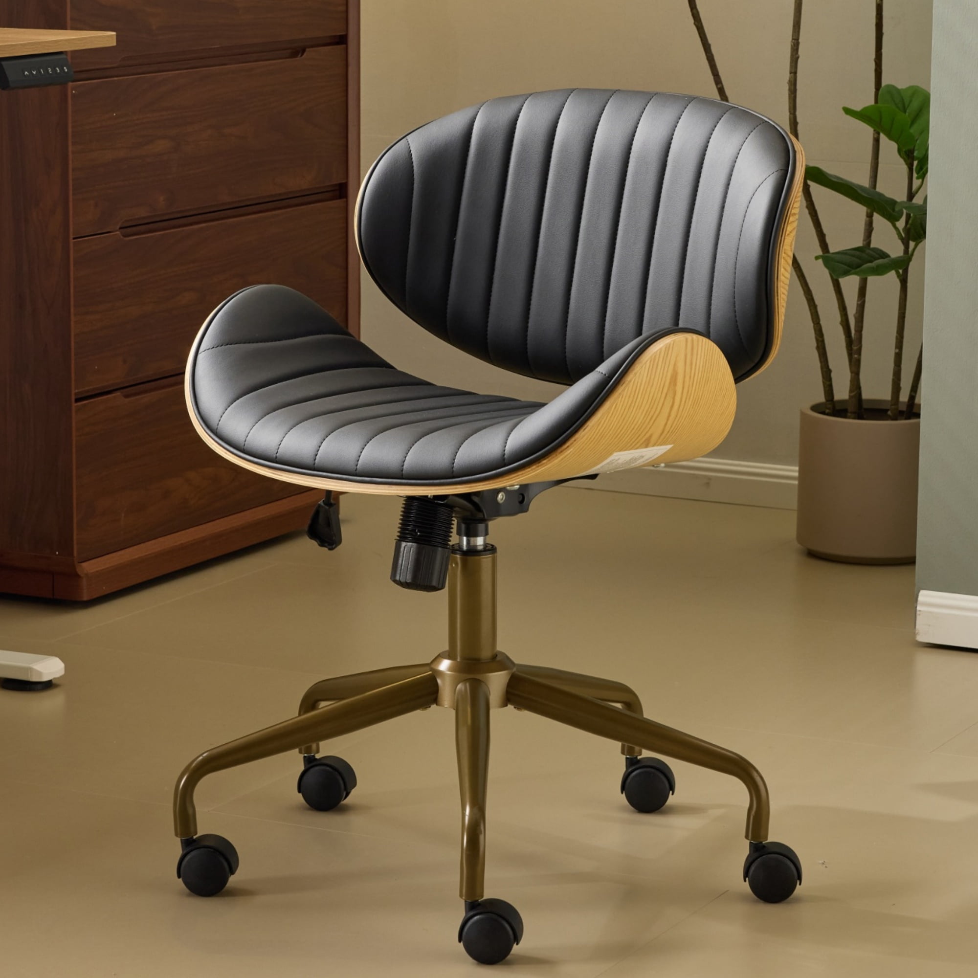 Ktaxon Armless Office Chair, Curved Wood Accent Desk Chair with Swivel Seat, PU Task Chair for Study, Makeup Vanity Black