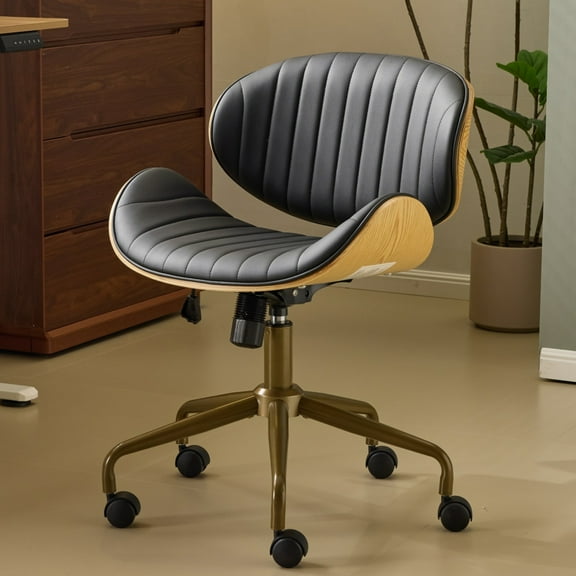 Ktaxon Armless Office Chair, Curved Wood Accent Desk Chair with Swivel Seat, PU Task Chair for Study, Makeup Vanity Black